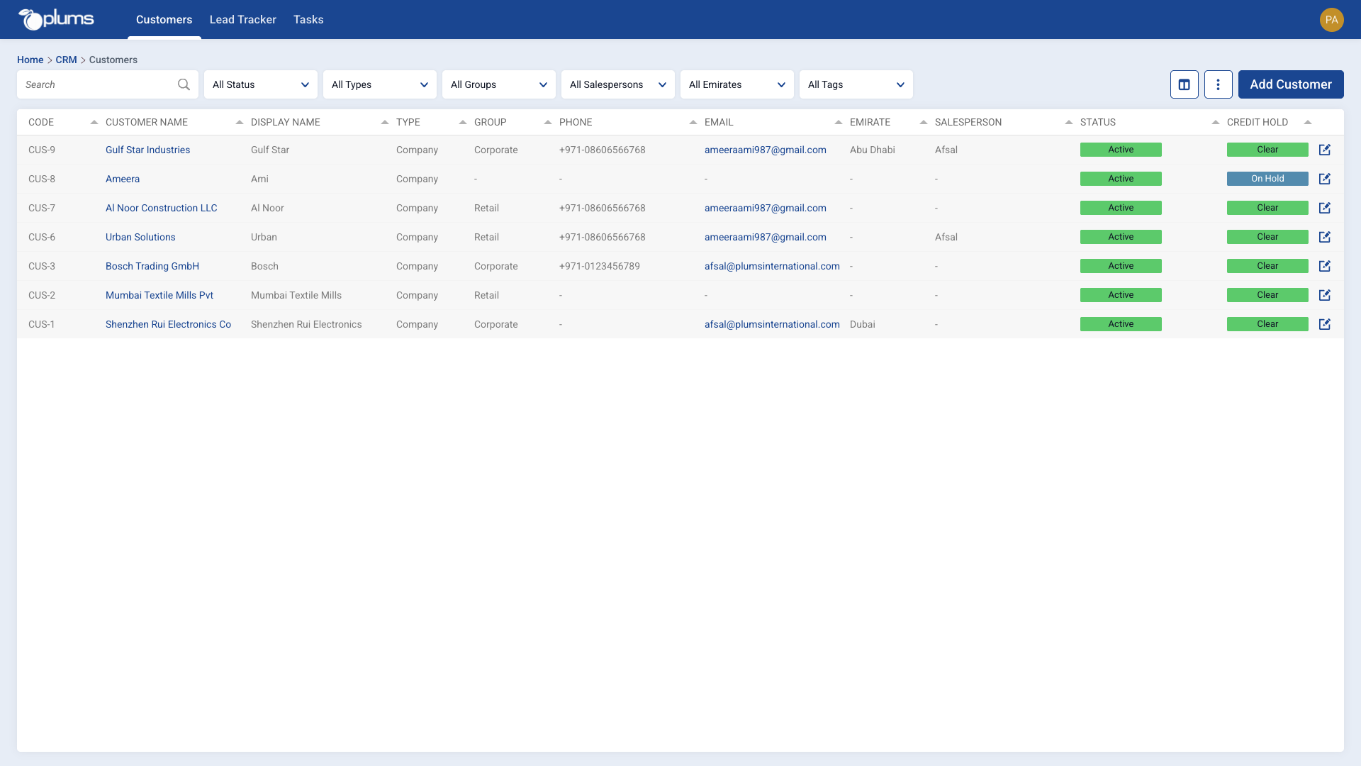 Customer listing in Plums ERP
