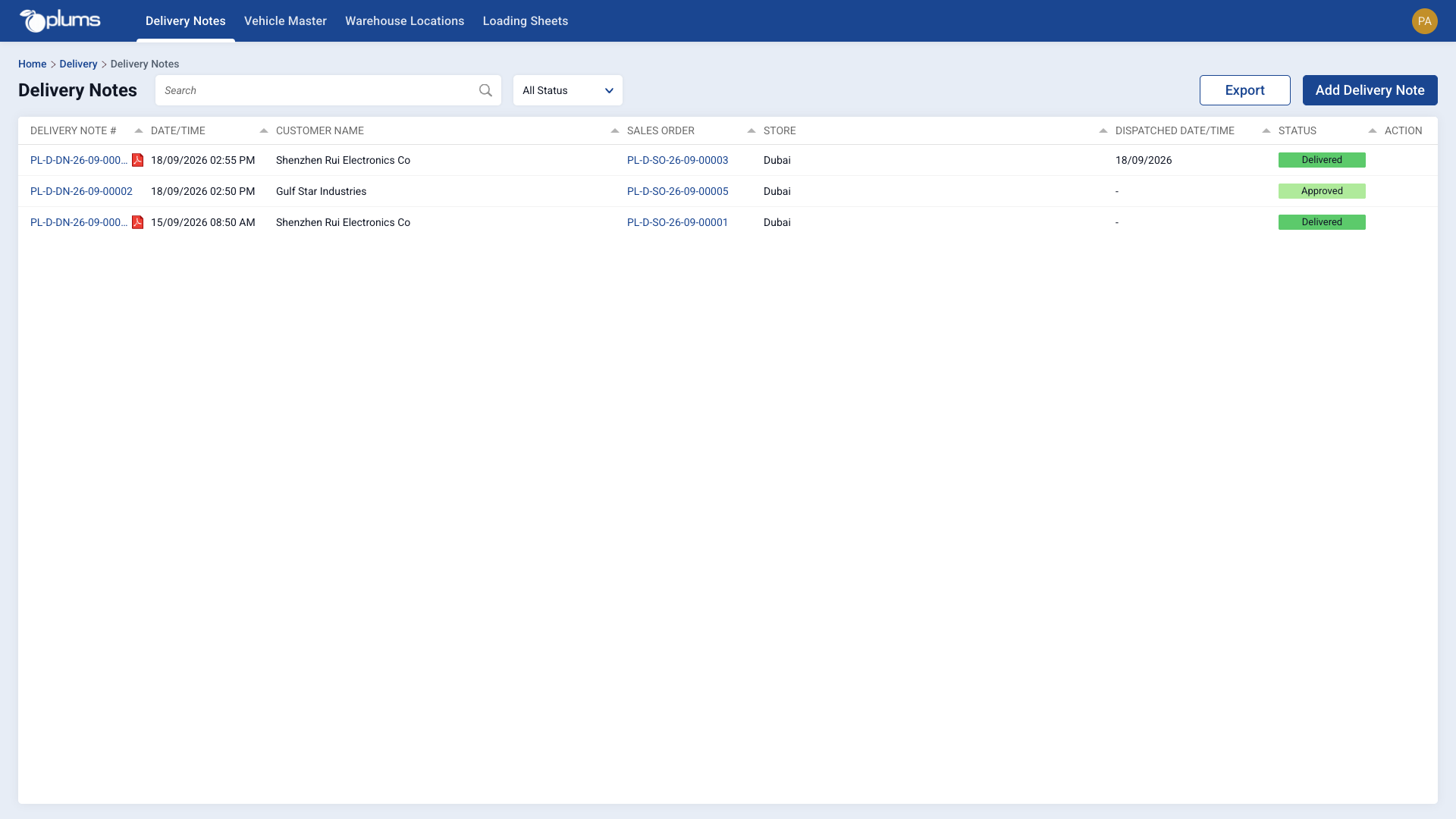 Delivery notes listing