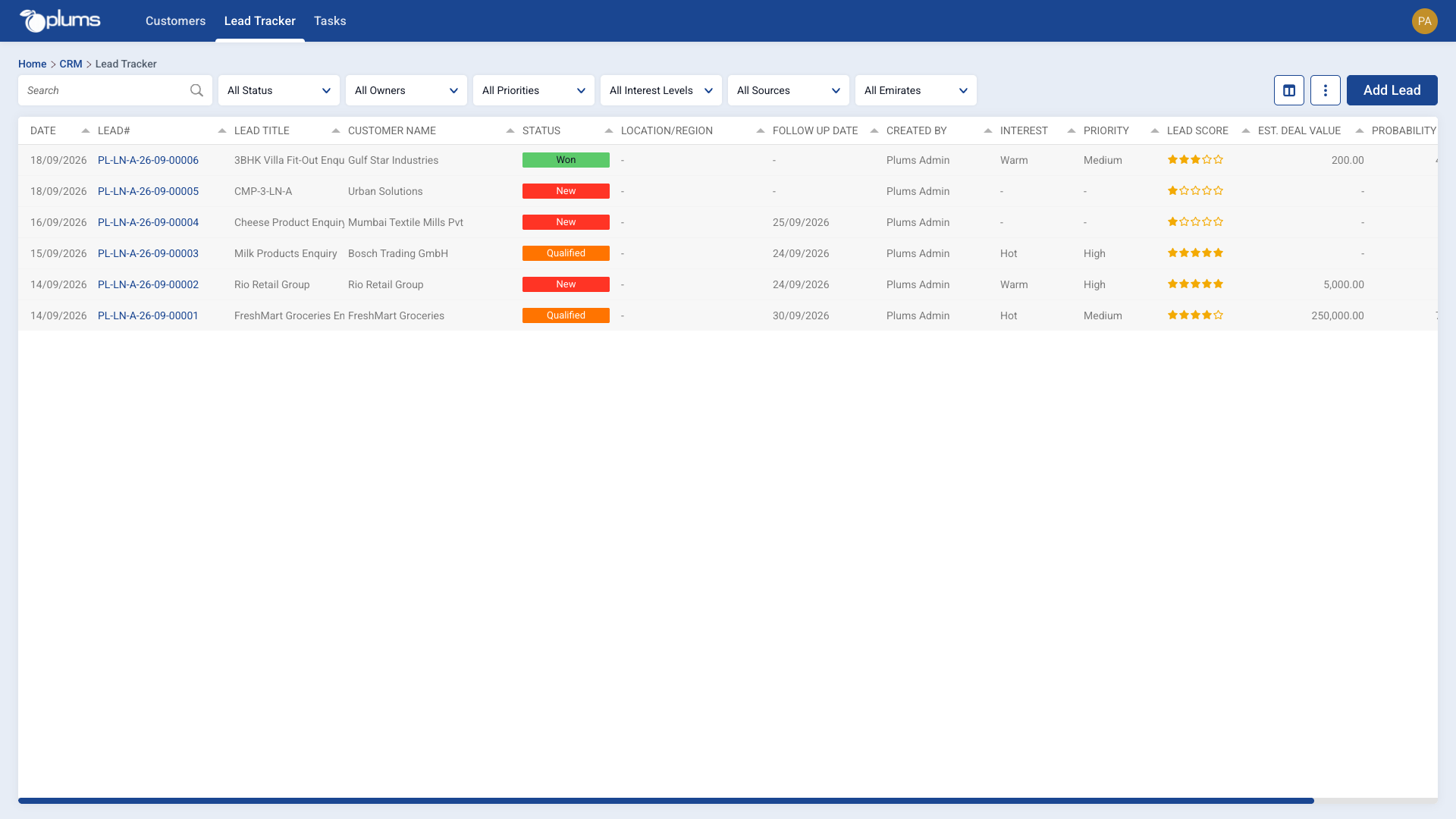 Lead tracker in Plums ERP