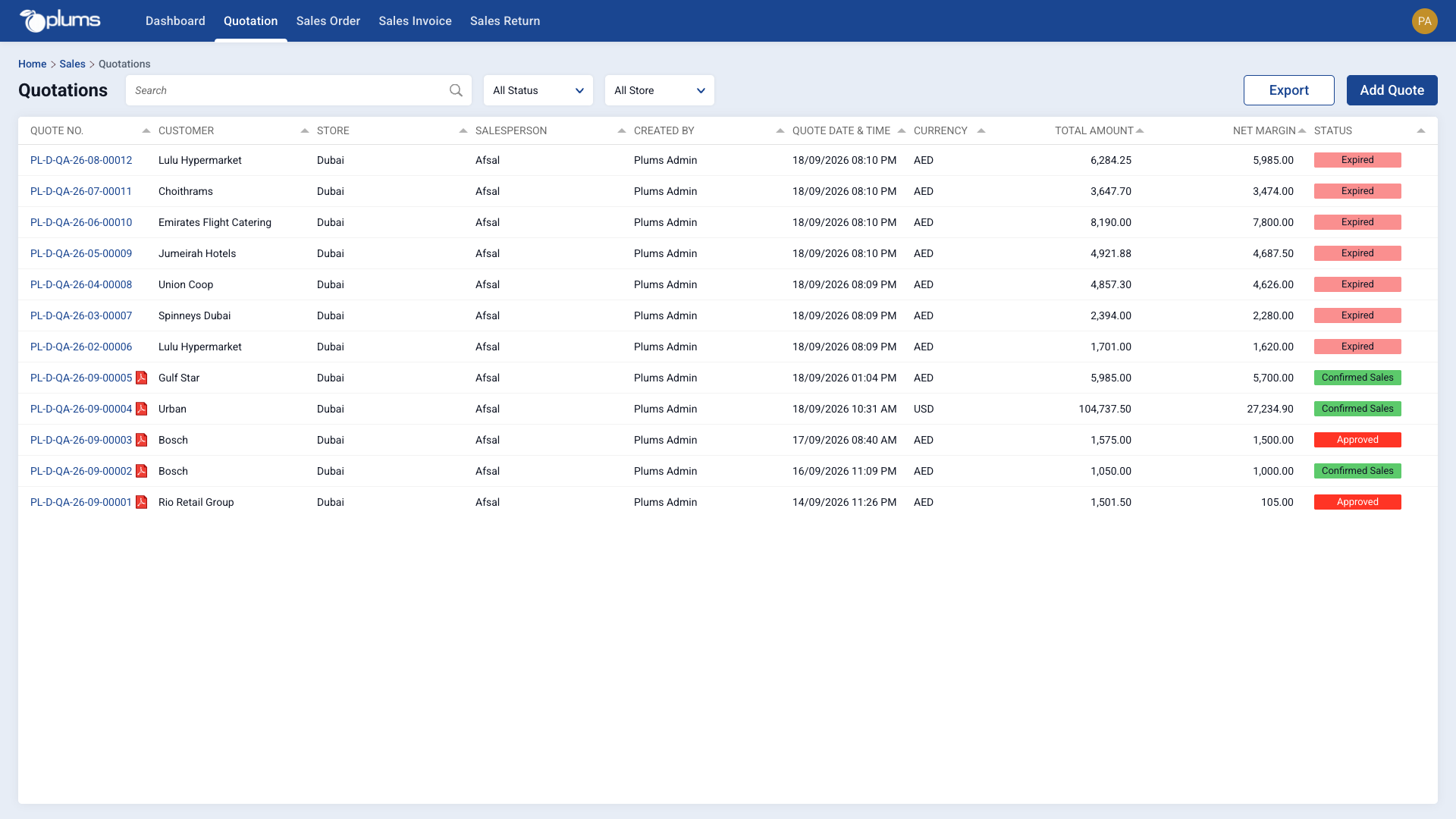 Quotation listing in Plums ERP with status, customer and totals columns